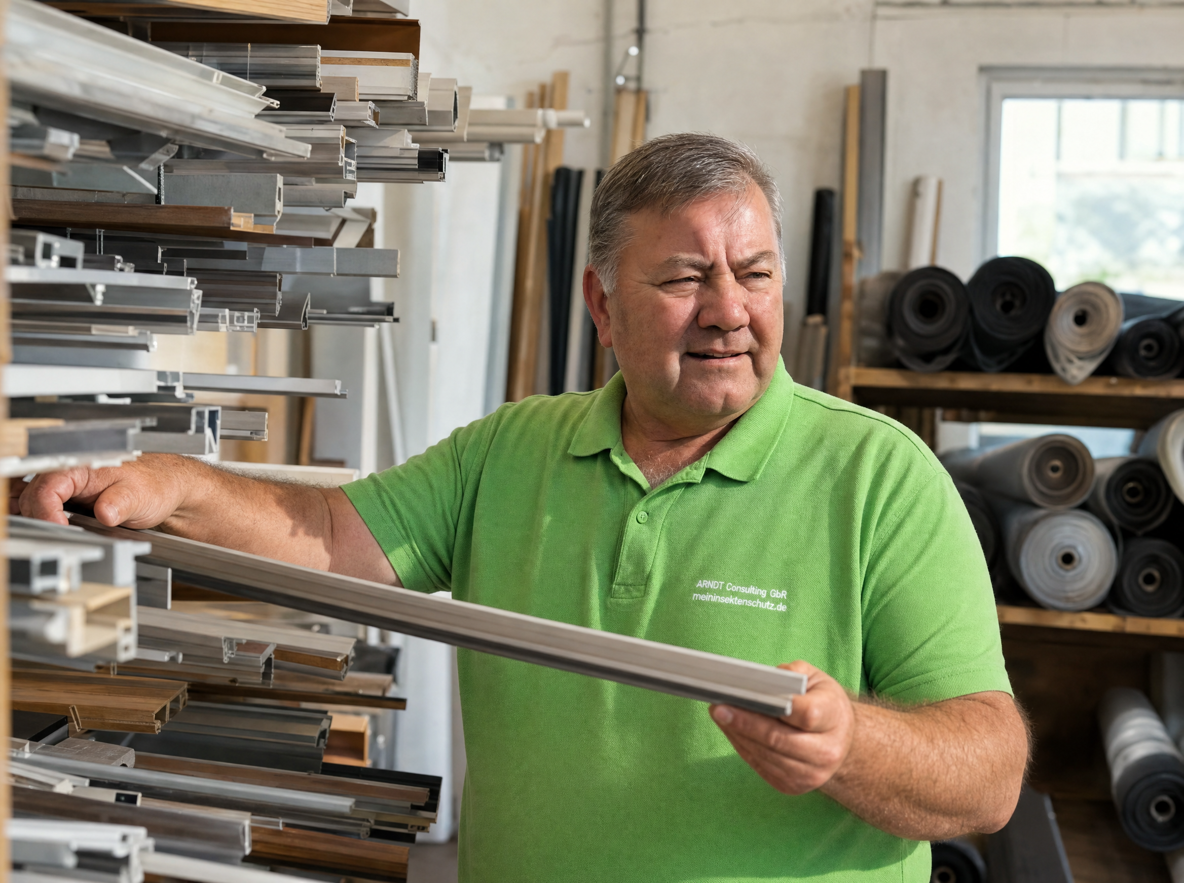 Jakob Arndt in der eigenen Werkstatt in Wustermark mit Aluminium-Profilen für Insektenschutz