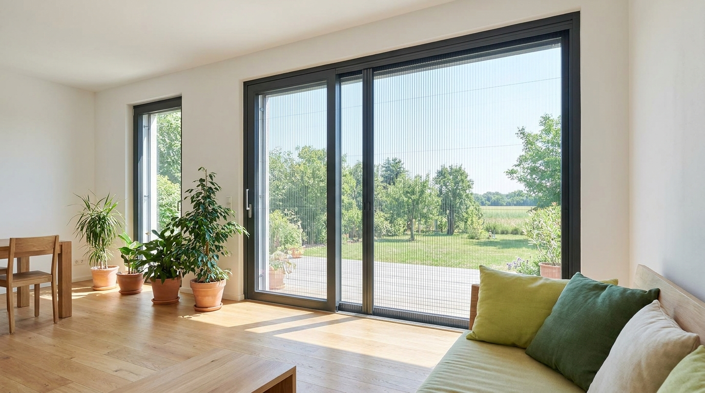 Heller Wohnraum mit großer Terrassentür und dezentem Insektenschutz – Havelland