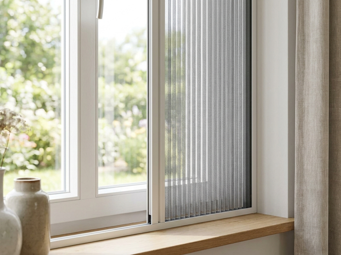 Plissee-Insektenschutz am Fenster, elegant gefaltet