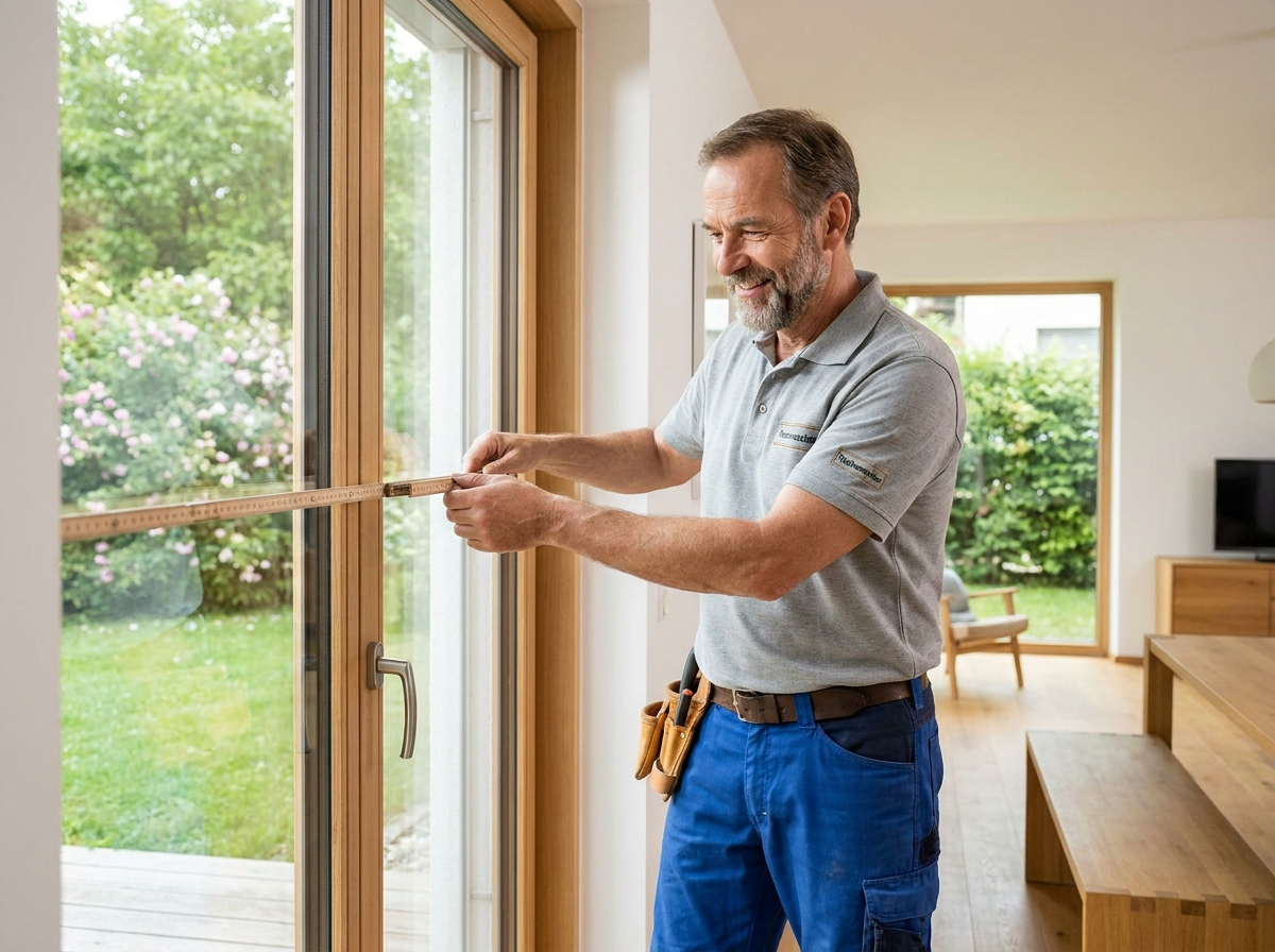 Tischlermeister beim millimetergenauen Aufmaß am Fenster