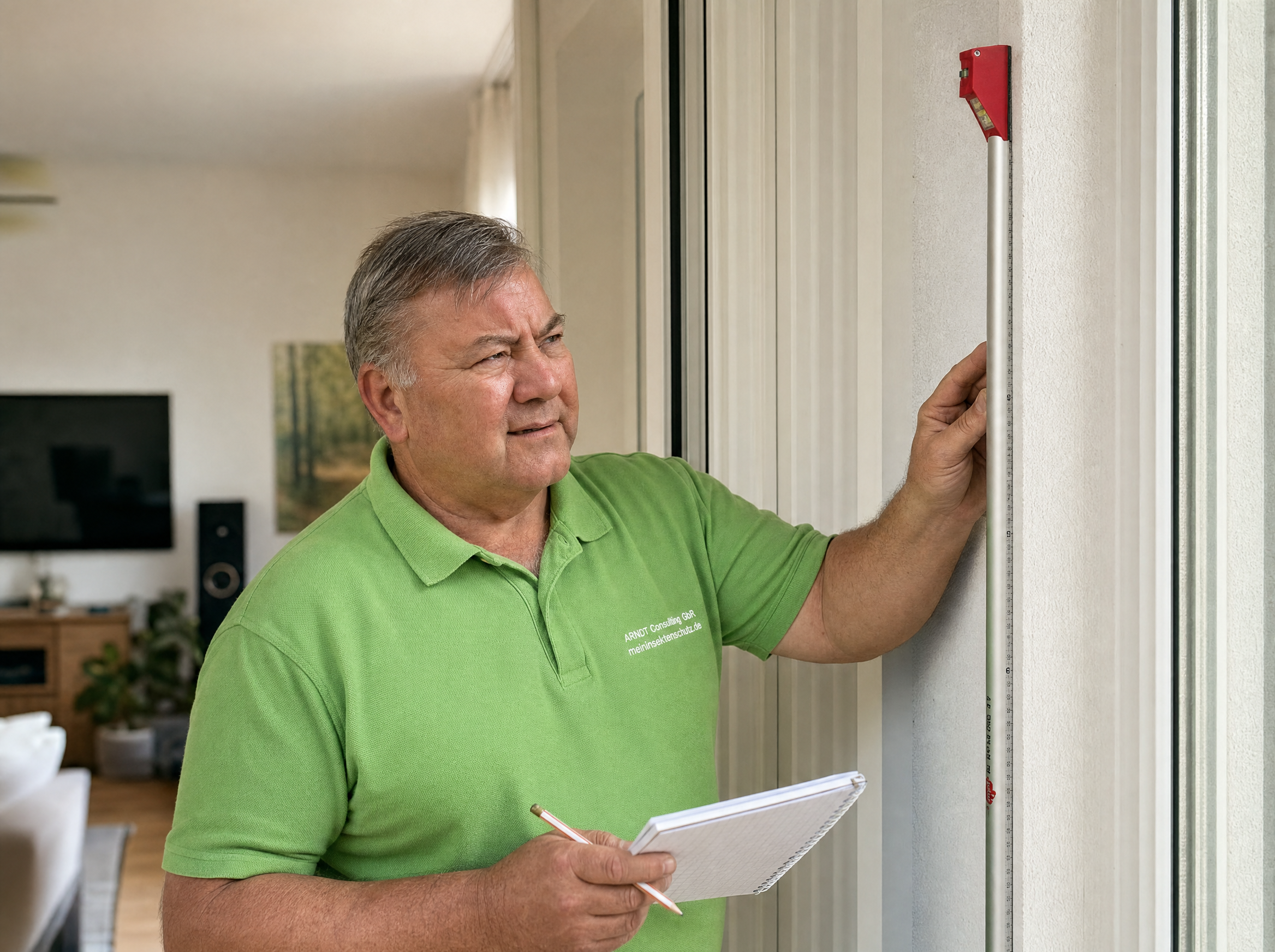 Tischlermeister beim millimetergenauen Aufmaß am Fenster